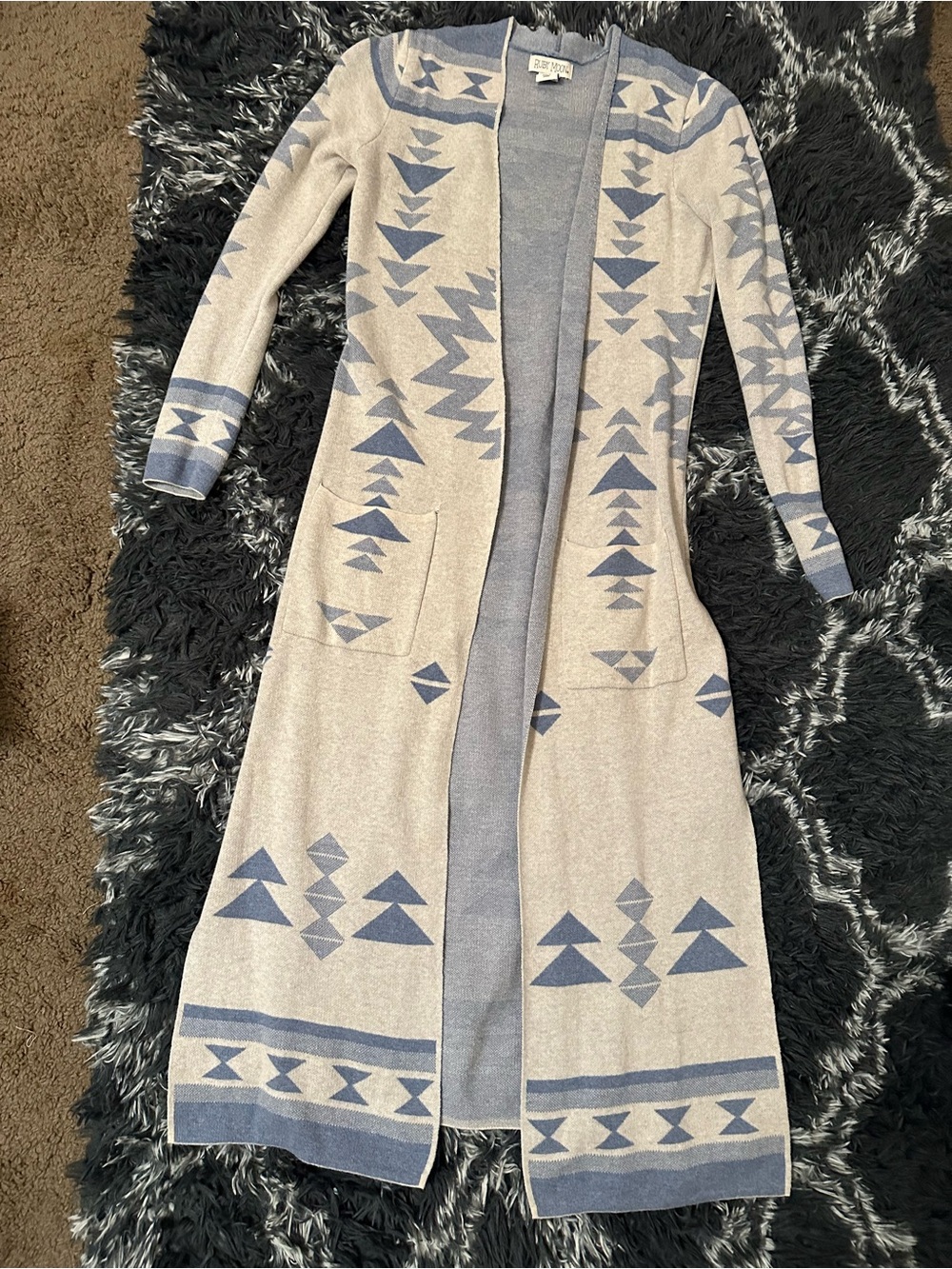 Maxi Open-Front Aztec Knit Cardigan - Light Gray/Blue